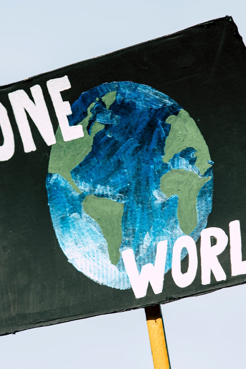 Close-up of a protest sign with Earth and 'One World' text, symbolizing climate change awareness.