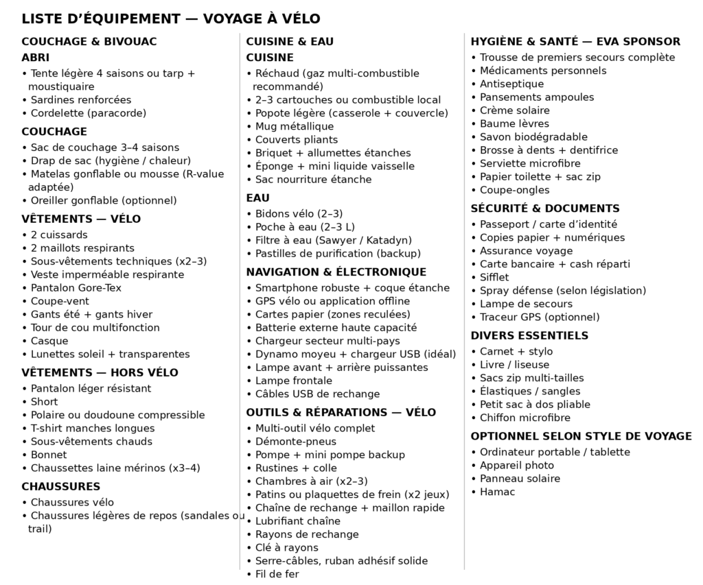 liste equipement 3 colonnes